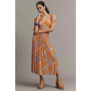 Farm Rio V-Neck Ruched Pleated Flare Midi Dress Short-Sleeve Size S Orange Blue